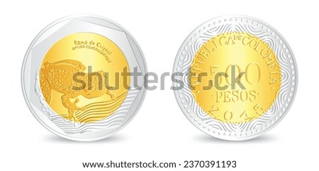 Obverse and reverse of colombia Golden silver five hundred pesos coin isolated on white background in vector illustration Royalty-Free Stock Photo #2370391193