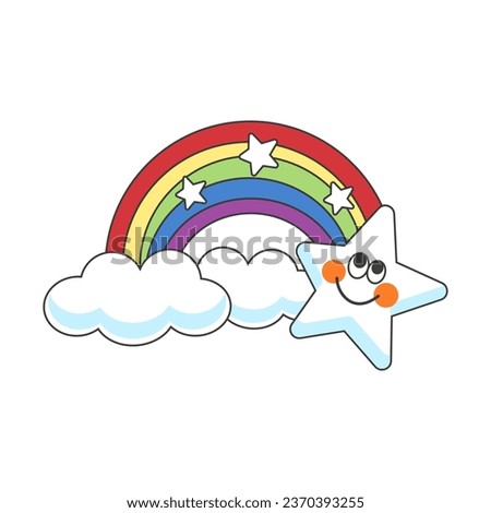 Sticker joyful magic star for wish fulfillment with a rainbow and small stars. Flat style. Vector illustration.