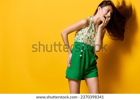 woman stylish isolated young yellow trendy beautiful emotion happy fashion style