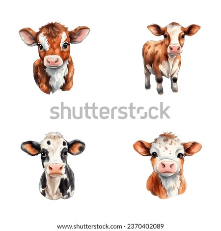 set of cute cow watercolor illustrations for printing on baby clothes, sticker, postcards, baby showers, games and books, safari jungle animals vector