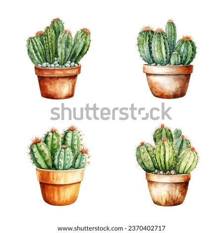 Watercolor illustration set cactus in flower pots