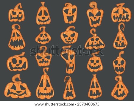 Halloween pumpkin set. Autumn pumpkin characters for Thanksgiving and Halloween. Creepy, funny, spooky, scary emotions, clip art vector illustration