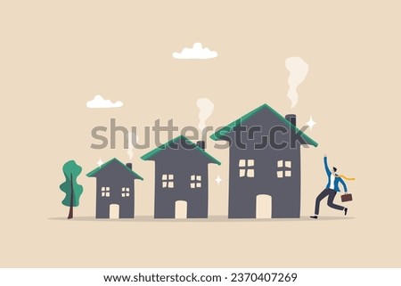 House price rising, value increase graph for real estate, housing or property investment, sales and market price, rent or mortgage interest cost concept, businessman owner with arrow rising houses.