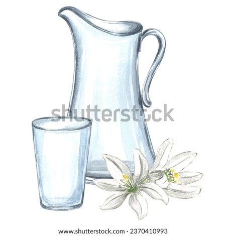 Composition of glass jug with white flower and glass Watercolor hand drawn illustration on a white background for your design, decorating invitations, making stickers, print packaging and textiles.