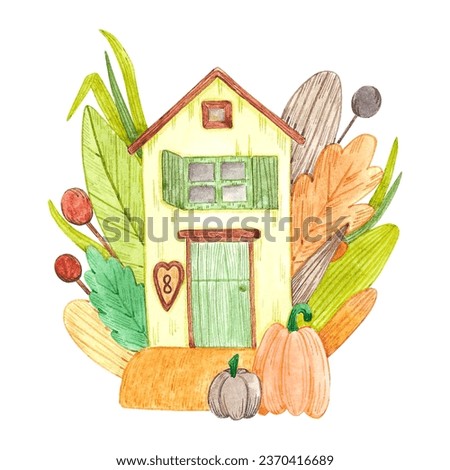 Hand drawn watercolor autumn house composition isolated on white background. Can be used for invitation, Scrapbook, poster, label, banner and other printed products
