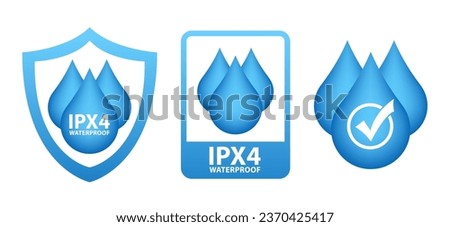 Ipx4 waterproof vector symbol. Water resistant with water drop icon. Rainproof badge label sign. Used for package. Vector illustration Royalty-Free Stock Photo #2370425417