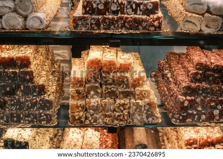 Variety of Turkish signature local foods known as Turkish Delight available for sale mostly in all areas in Turkey country