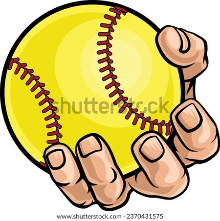 A hand mascot holding yellow softball ball