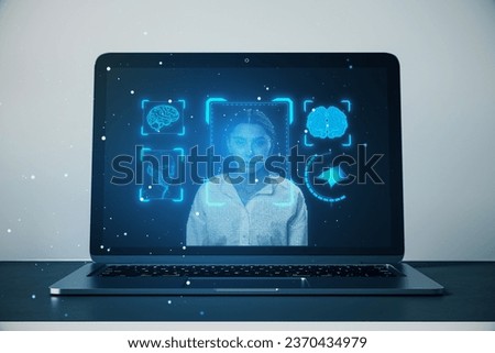 Laptop on desk with face recognition hologram on light background. Face ID and password concept. 3D Rendering