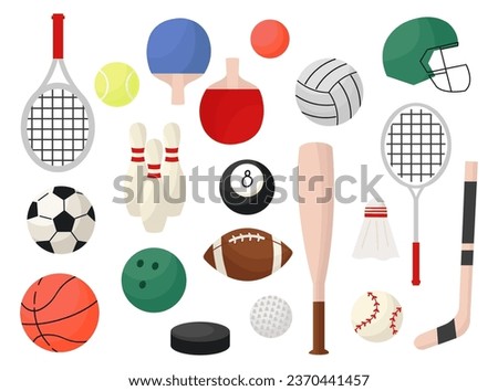 A set of flat cartoon style sports equipment. Sport gear collection. Baseball, basketball, tennis, billiards, ping-pong, rugby, football, badminton icons.