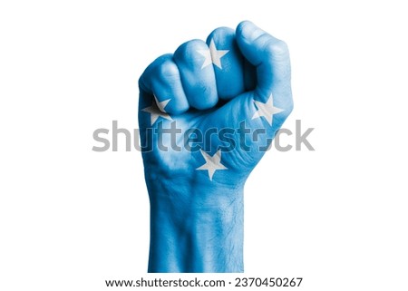Man hand fist of MICRONESIA flag painted. Close-up