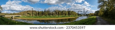 Panoramic autumn landscape perfect weather day, during golden hour, Bradford Pa public park Royalty-Free Stock Photo #2370453597