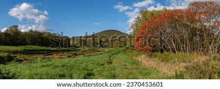 Panoramic autumn landscape perfect weather day, during golden hour, Bradford Pa public park Royalty-Free Stock Photo #2370453601