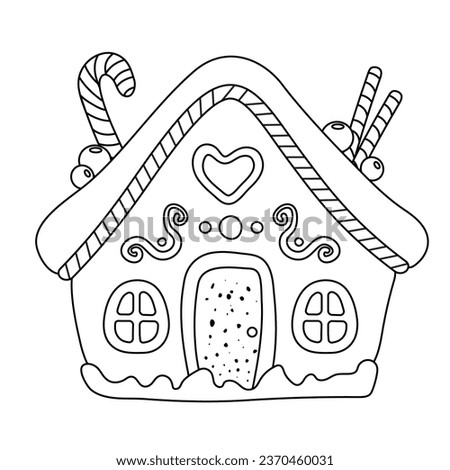 Coloring pages of gingerbread houses. Outline vector illustration for children activity. Christmas black and white images, ready for print. Royalty-Free Stock Photo #2370460031