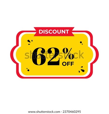 62%, sixty two percent. Discount banner shape. Sale coupon. Red and yellow tag. Special offer badge. Modern concept design. Tag with offer badge. Vector