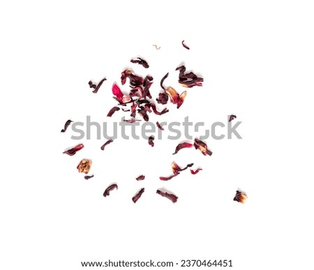Dry Hibiscus Tea Isolated, Scattered Dry Rose Petals, Fruit Red Tea, Karkade Leaves, Dried Herbal Drink, Roselle Petal, Edible Flower Leaf Hibiscus Tea on White Background Top View Royalty-Free Stock Photo #2370464451