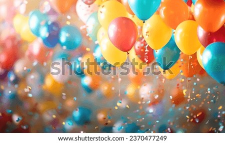 Set of colorful realistic mat helium balloons floating on blurred colorful background. balloons for birthday, party, wedding or promotion banners or posters. Vivid illustration in pastel colors. copy Royalty-Free Stock Photo #2370477249