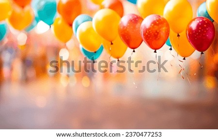 Set of colorful realistic mat helium balloons floating on blurred colorful background. balloons for birthday, party, wedding or promotion banners or posters. Vivid illustration in pastel colors. copy Royalty-Free Stock Photo #2370477253