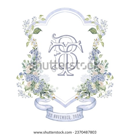 Painted wedding monogram TB, BT initial watercolor floral crest. Watercolor crest with blue flowers and green leaves frame hand-drawn vector template. Royalty-Free Stock Photo #2370487803
