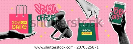 Online shopping or online sale concept collage elements set. Paper torn out stickers with loudspeaker, hand holding phone, paper bag. Creative collage with papercut elements for decoration sale event.