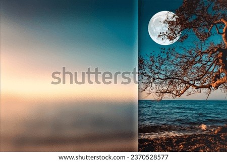 Full moon and sea. Nature background. Photo with a frosted glass effect applied to one side. presentation, card, poster etc. ready-to-use image.
