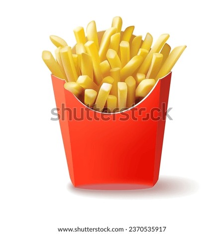 French fried potato in a red pack box. Realistic fast food, fried potatoes isolated vector illustration. Fast food Royalty-Free Stock Photo #2370535917