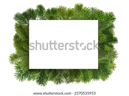 Christmas empty white card on fir tree frame isolated on transparent, Xmas greeting card template