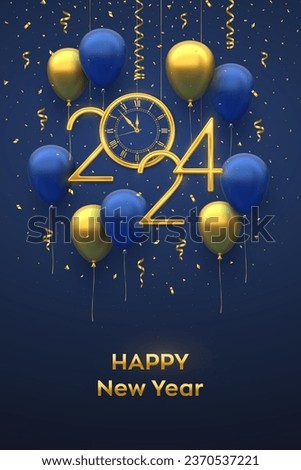 Happy New 2024 Year. Hanging Golden metallic numbers 2024, watch with Roman numeral and countdown midnight with 3D festive helium balloons and falling confetti on blue background. Vector illustration.