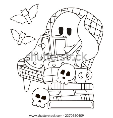 Halloween cozy coloring page with ghost character sitting in armchairs and reading books, bats and skulls for kids and adults, autumn themed outline art for postcard design