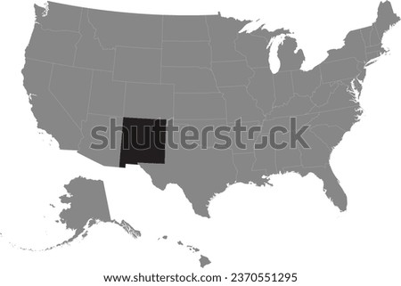 Black CMYK federal map of NEW MEXICO inside detailed gray blank political map of the United States of America on transparent background