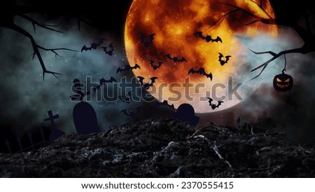 Photo background. Graveyard filled with tombstones. Zombie hands raising from under the ground. The walking dead, halloween holidays, spooky season.