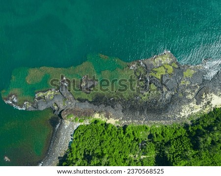 Landscape of volcanic lava rock rapids in the sea with forest taken from the air.  Geological concepts, ocean nature.