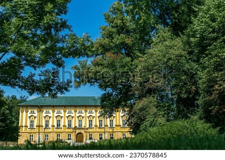Abstract photograph of the castle building captured from the park. Castle park with trees and grass. Part of the yellow castle building. Castle, park, travel, summer, monuments