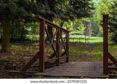 Abstract photo from the park. Beautiful green park with a wooden bridge. Wooden, material, bridge. Sunny day. season, travel, environment, trees, grass Royalty-Free Stock Photo #2370581531