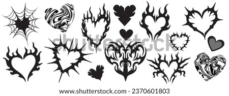 Heart tattoo Neo tribal set, vector gothic rock flame shape kit, u2k abstract love logo concept. Valentine punk retro sticker collection, neotribal web goth decoration. Stylised heart tattoo prints