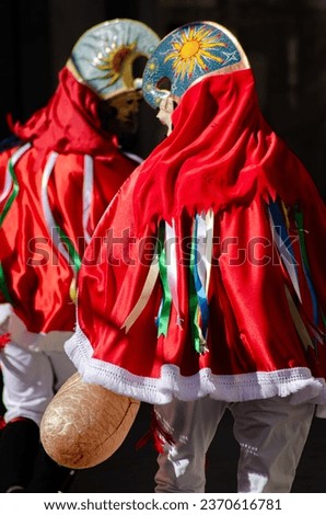 Xinzo de Limia, Spain 02 21 2023: Traditional mask of Xinzo de Limia Carnival. A Pantalla. Event of international tourist interest. Ourense, Galicia. Spain. Royalty-Free Stock Photo #2370616781