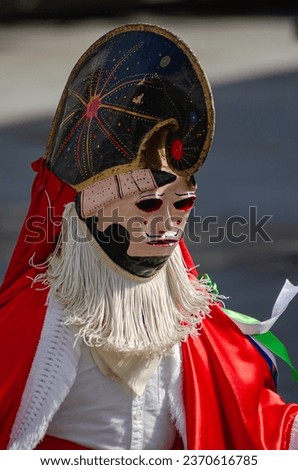Xinzo de Limia, Spain 02 21 2023: Traditional mask of Xinzo de Limia Carnival. A Pantalla. Event of international tourist interest. Ourense, Galicia. Spain. Royalty-Free Stock Photo #2370616785