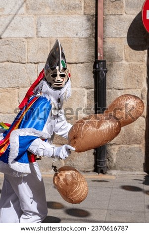 Xinzo de Limia, Spain 02 21 2023: Traditional mask of Xinzo de Limia Carnival. A Pantalla. Event of international tourist interest. Ourense, Galicia. Spain. Royalty-Free Stock Photo #2370616787