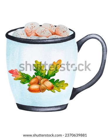 Beautiful cup. Hot drink with marshmallows. Autumn decor, autumn mood, cozy home. Watercolor element for the design of cards, invitations, posters, stationery. Harvest Festival, Thanksgiving.
