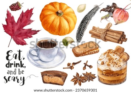 Watercolor illustration of mulled coffee, pumpkin, leaves and desserts close up. A hand-drawn Halloween autumn set.