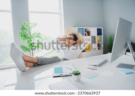 Photo of dreaming comfortable atmosphere office workspace chilling businesswoman boss sleeping time isolated on day light office background