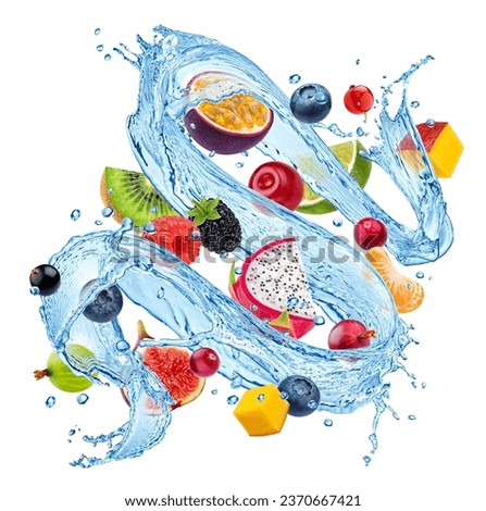 Mix of fruits and berries with water splashes isolated on white background