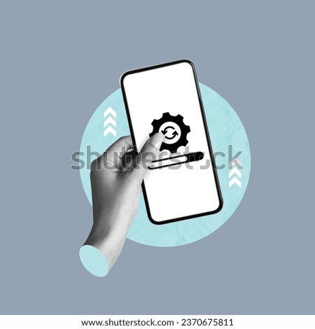 cell phone updating, cell phone operating system update, update of the year, new update, operating system, hand with cell phone, latest cell phone model is updated, concept, collage art Royalty-Free Stock Photo #2370675811
