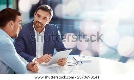 Business people, men and teamwork with tablet, typing and connection with cooperation, website information and banner. People, employees or consultant with technology, teamwork and email notification Royalty-Free Stock Photo #2370698141