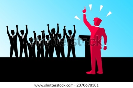 Leadership, speaker and crowd at a protest for motivation or support in politics during an election campaign. Podium, speech and a mayor talking to an audience on stage for encouragement as a cartoon Royalty-Free Stock Photo #2370698301