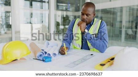 Black man, architect and thinking while drawing blueprint for construction job, engineering and design with developer. Contractor, ideas and architecture project with floor plan and productivity
