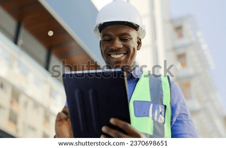 Black man in construction, tablet and architect working on floor plan, inspection and maintenance job outdoor. Check digital blueprint for architecture project, design software and quality assurance Royalty-Free Stock Photo #2370698651