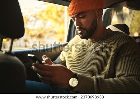 Man, using phone in car and social media, travel and transportation, navigation app and communication. Email, chat and taxi cab, technology and text message with transport and search location online