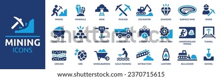 Mining icon set. Containing minerals, gold, pickaxe, miner, excavator, diamond, coal wagon, jackhammer and gold panning icons. Solid icon collection. Vector illustration.  Royalty-Free Stock Photo #2370715615