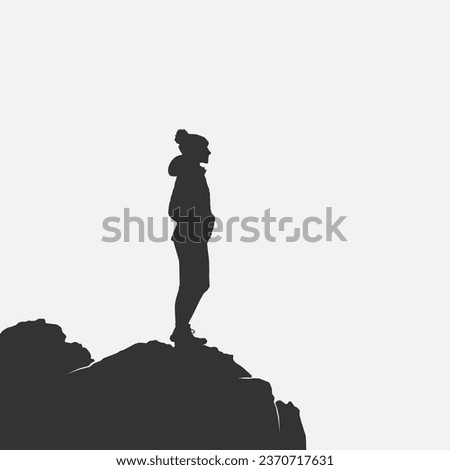 High details of hiking silhouette. Minimal symbol and logo of sport. Fit for element design, background, banner, backdrop, cover, logotype. Isolated on black background. Vector Eps 10 Royalty-Free Stock Photo #2370717631